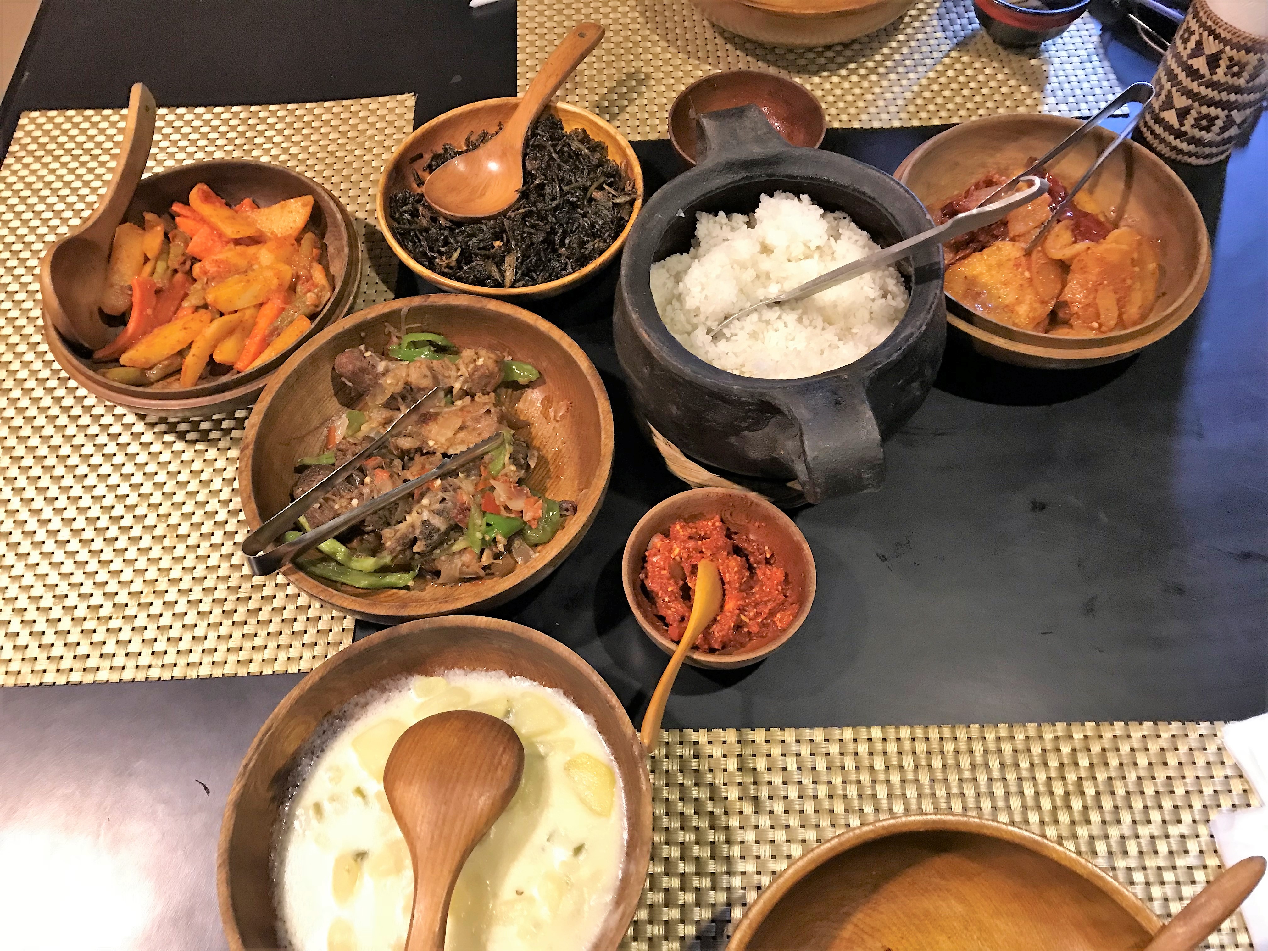 authentic, Bhutanese meal, Spinach, Pork, Rice